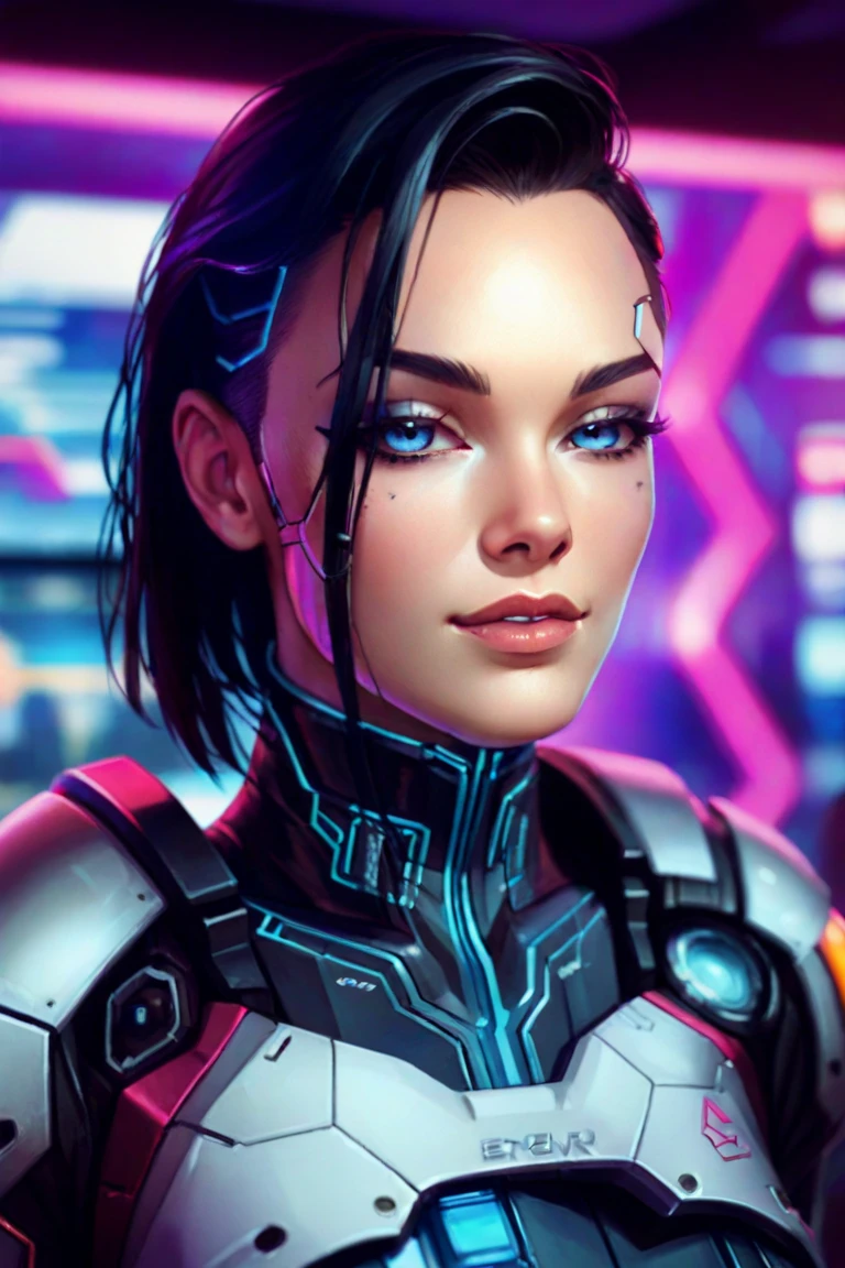 Create a strong and rich character with blue eyes, black hair, cybernetic components on his face, set in the cyberpunk universe.