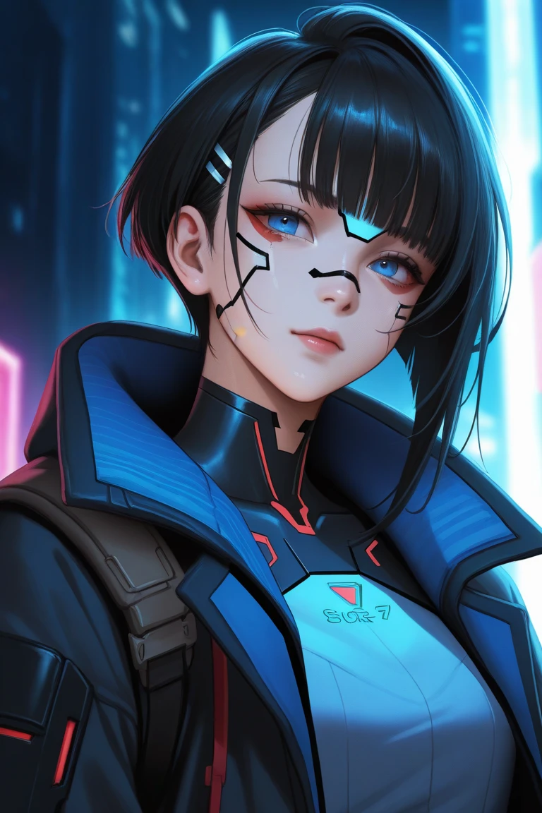 Create a strong and rich character with blue eyes, black hair, cybernetic components on his face, set in the cyberpunk universe.