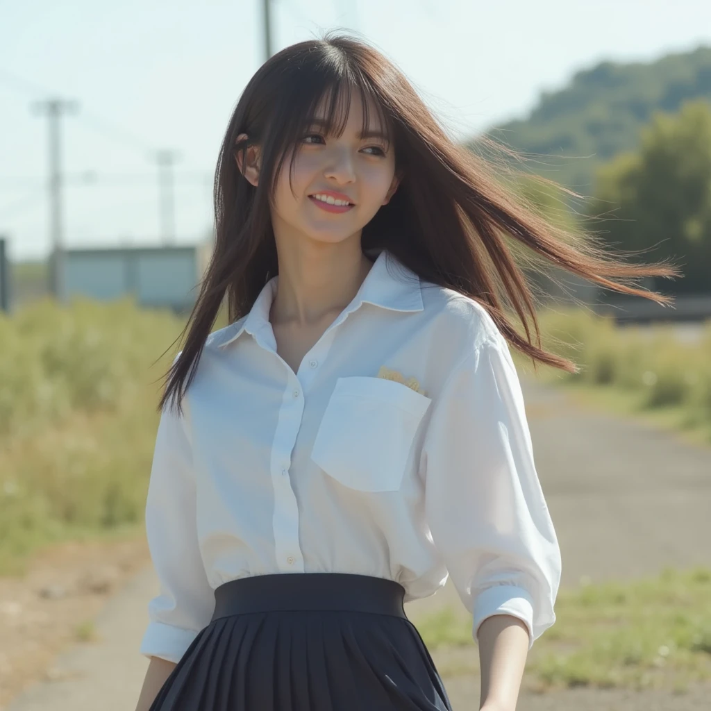 Full body. real,Her hair is straight and half down in the front. She is wearing a white collared shirt, a uniform, and a long skirt, highlighting her features. She is smiling. Full body, the wind blows up her skirt and reveals her panties, panty shot, panties, nipples, nsfw,Her features stand out