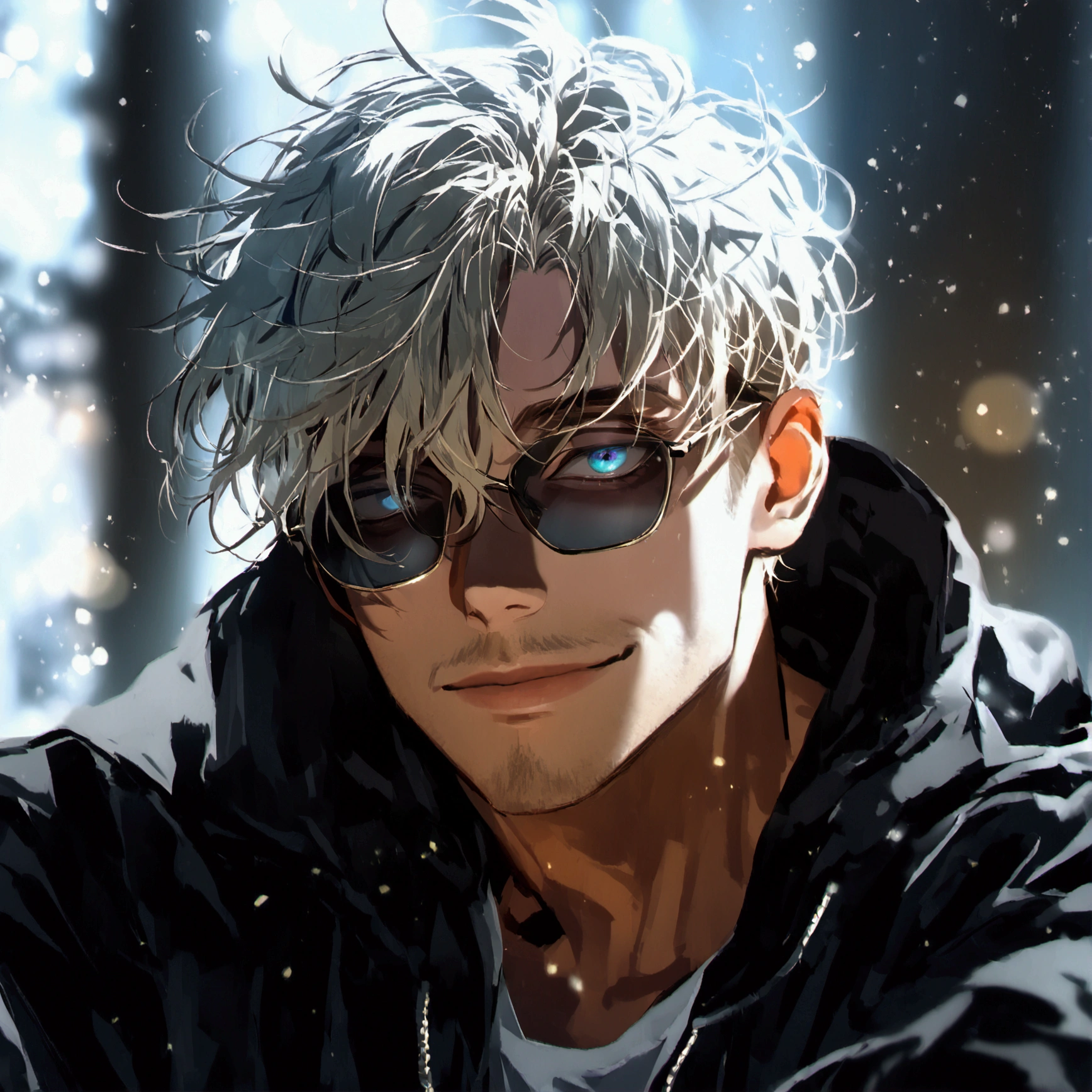 (solo), (1 male), (1 man), handsome men, (one man with blonde hair with black inner hair color, glay eyes), short hair, messy hair, sunglasses,black oversized hoodie((masterpiece)), (dark background: 1.3), (stylish), dynamic angle, (detailed face, detailed eyes, proportional hands, proportional anatomy), sitting in a relaxed pose, sinister atmosphere, a nihilistic smile,black background