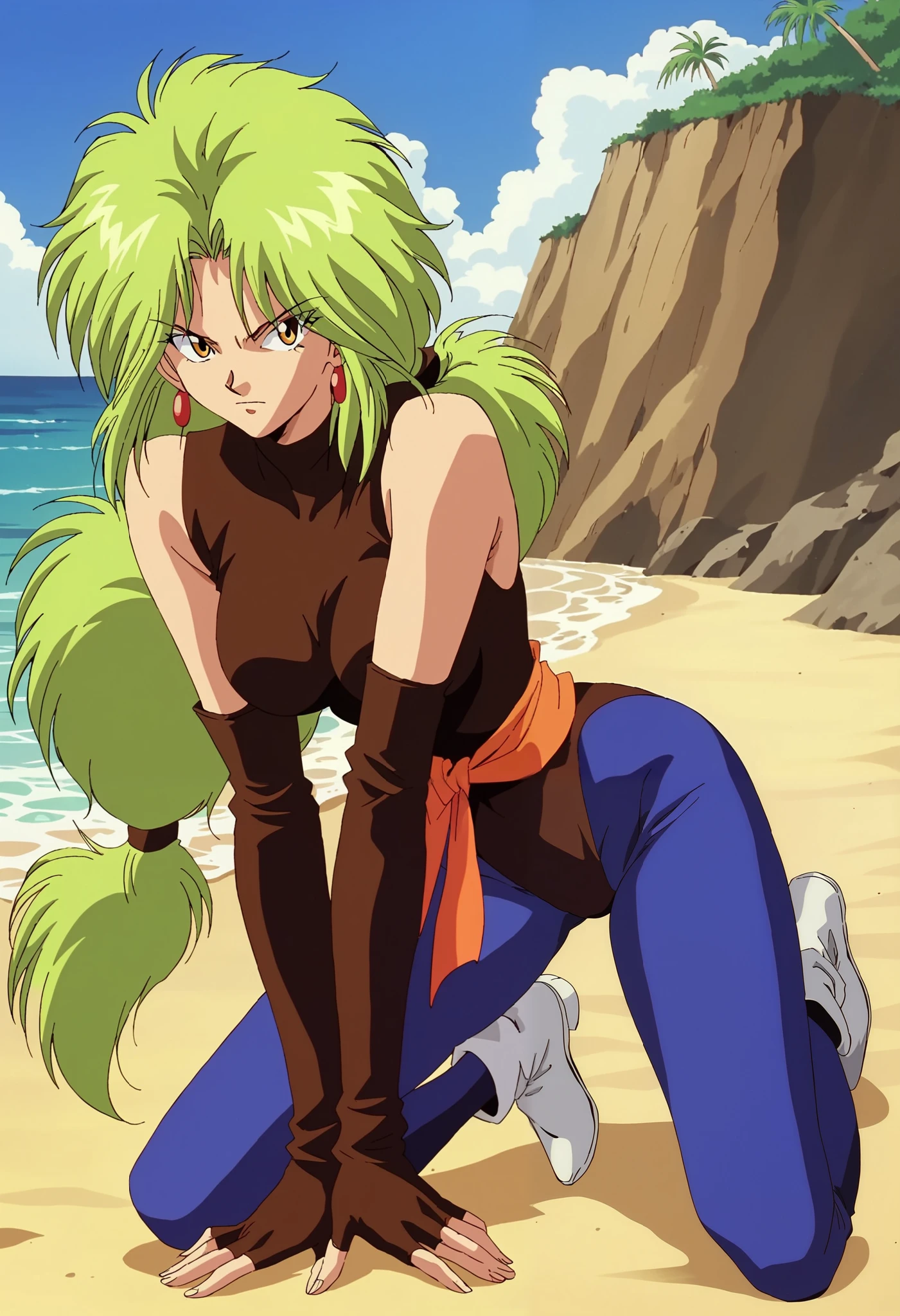 score_9, score_8, score_7, 1girl, solo, BREAK 

yyhkokou, long hair, red earrings, white footwear, light green hair, brown gloves, elbow gloves, brown leotard, (orange sash, green ornament), yellow eyes, 1990s \(style\), retro artstyle, blue legwear, sleeveless, fingerless gloves, low ponytail, black pupils, face focus, leaning forward, beach, ocean, kneeling, 
