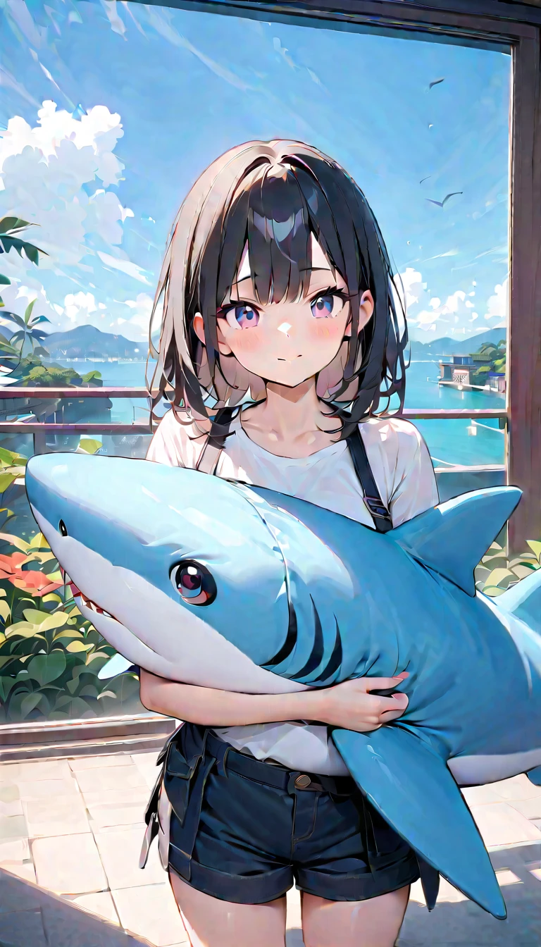 Light color,(( amazing irrational )),超 high res, attention to detail, High Quality , high res, 最 High Quality , 4K, 8k, Embrace a stuffed shark、 cute、 black hair、 shortcuts、Aquarium Background