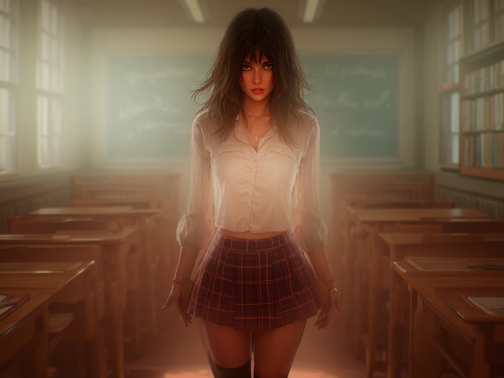 GinaBanini, ultra realistic 8k cg, picture-perfect face, flawless, clean, masterpiece, professional artwork, famous artwork, perfect face, beautiful face, beautiful eyes, ((perfect female body)), solo,(immersive atmosphere, chiaroscuro:1.5,bright light:1.2,luminous lighting),(blush:0.5),seductive expression,extremely detailed_eyes,thick thighs,small ,beautifully detailed background,depth of field,realistic:1.3, long shot,1girl,buttoneirt, red pleated skirt, yoga puppy pose, full body, (ambient light:1.3),(cinematic composition:1.3),(neon lights:0.1),(HDR:0.1),Accent Lighting, sexy long l, classroom, Barbara palvin,from below