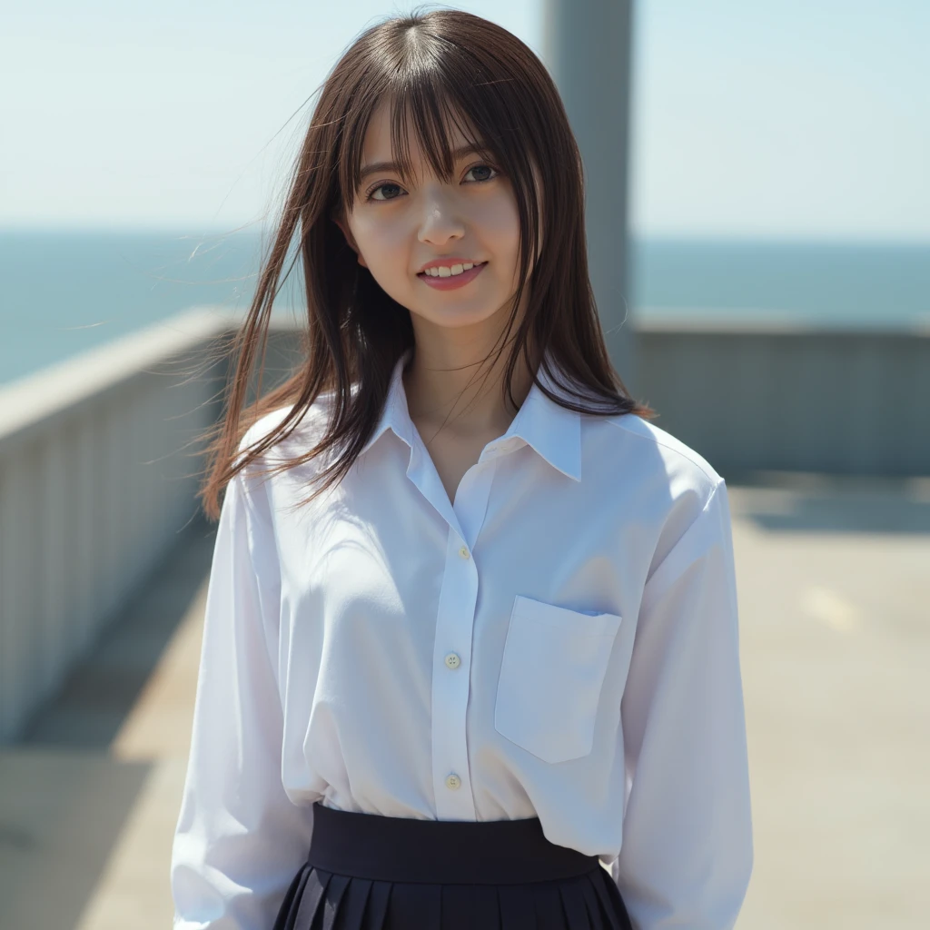 Full body. real,Her hair is straight and half down in the front. She is wearing a white collared shirt, a uniform, and a long skirt, highlighting her features. She is smiling. Full body, the wind blows up her skirt and reveals her panties, panty shot, panties, nipples, nsfw,Her features stand out