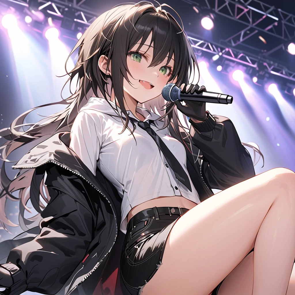 ( Perfect Anatomy), ((32K)), (( top quality )), ((超 high res)), (( high res)), ((超 high res)), ((Highly detailed CG)) , One Girl 、green eyes.smile, black hair, short hair with long locks,( small breasts:1.5),( white button shirt)、(black tie),(black long sleeve hoodie)、(Black gloves),( black denim hot pants),(Thighs:1.5),( singing with microphone :1.5:1.5)、 live stage、 cowboy shot、front,blanc \(Neptunia )\