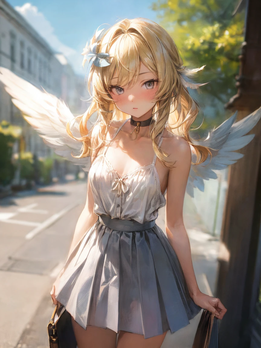 (masterpiece, highest quality:1.2)、(1 girl),  One girl, Medium chest, Blonde Hair, Long Hair, Wavy Hair, Grey Eyes, White Feather Wings, Angel, Outdoor, choker,camisole,flare skirt,(nsfw)