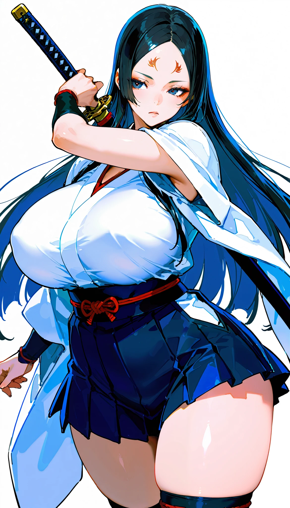 score_9, score_8_ up, score_7_ up,( High Quality , high res), black hair,  long straight hair , [[ separate them in the middle ]], Forehead,( Japanese Armor ,Chest),White Kimono ,  black miniskirt, knee socks, Big Breasts, Dark Eyes, Close eyes , ( curvy body), has a sword , During combat,((cowboy shot))、 simplePositiveXLv2