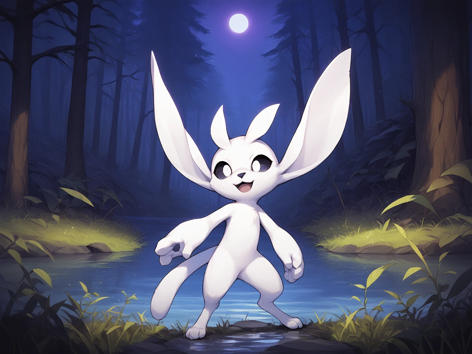 ori, white fur, paws, tail, black sclera, white eyes, black nose, source_anime, upper body, forest, tree, grass, standing, tree trunk, lake, water, reflection, pawpads, night, open mouth, smile, photoshop \(medium\), dark environment, purple light, volumetric fog,, score_9, score_8_up, score_7_up, score_6_up, score_5_up, score_4_up, ponypositive,Solo, 