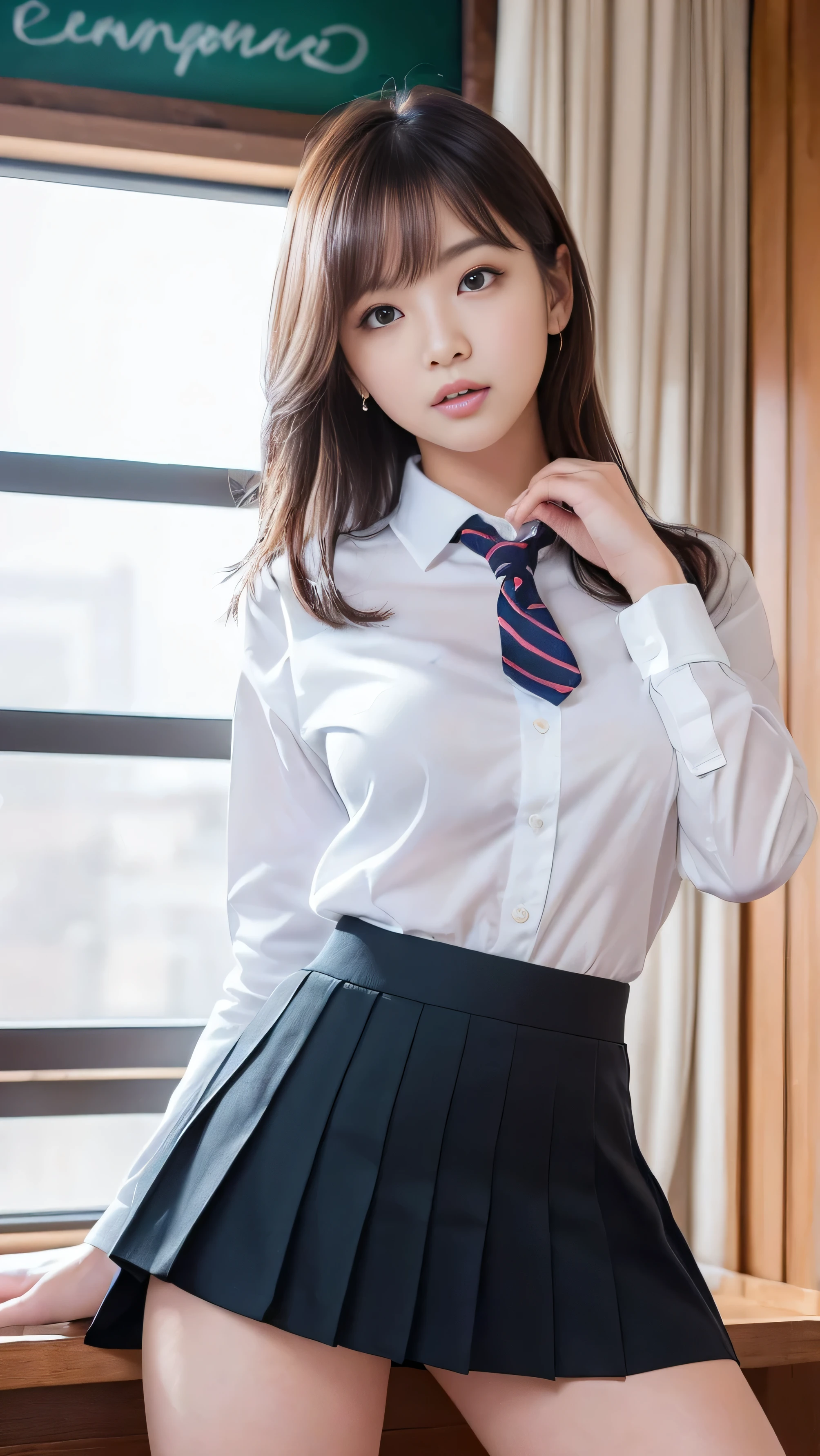 (Cowboy Shot)、alone、hair ornaments, , cardigan, Loose ponytail, Pink beige hair, Black bow tie, Sitting, desire,compelling glances,Hyperrealism, Original Creation, High quality 8K backgrounds, Intricately etched, Visually stunning, aesthetic wonder, Perfect excellence, The intense ambiguity, Calm colors、(Very long hair)、Beautiful woman,(school uniform)、Plain Shirt、Shirt with emblem on chest, Pleated skirt、(smile)、(((weak)))、((Delicate painting))，(Detailed RAW photos of girls), (highest quality:1.6), (Ultra-high resolution:1.5), (Realistic:1.75), 8K resolution, Canon EOS R5, 50mm, Absurd, Very detailed,Cinema Lighting,((Spread your legs))、((Panties are visible through the gap in the skirt))、((defenseless))、(cute printed panties)、(Wear socks)、Browsing Caution:0.2