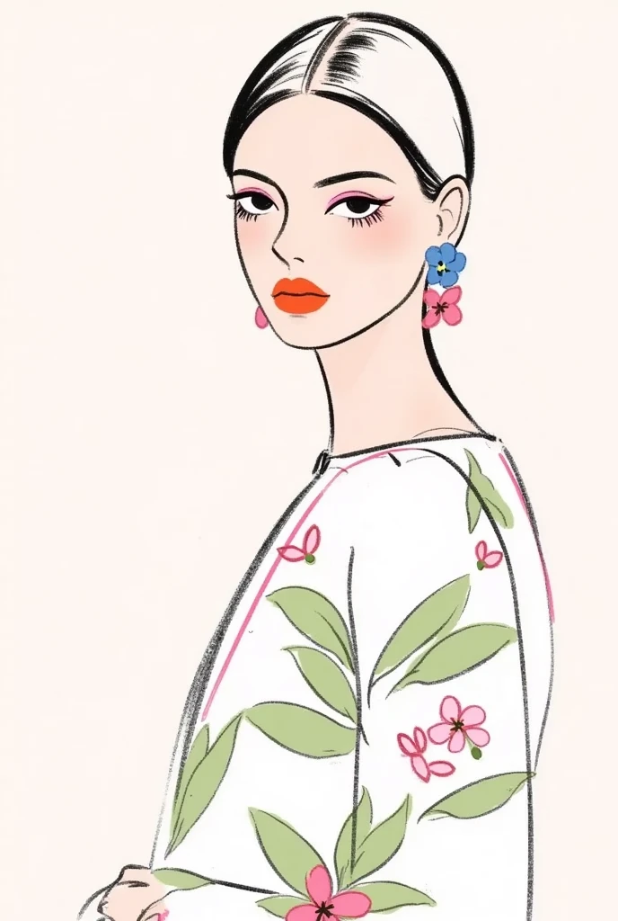  fashion design sketch ：Girl illustration,luxury floral jewelry , ,  digital painting , Fine Hair, (Black Line)，Illustration style, Digital Illustration,  Color Sketch , watercolor Illustration style,