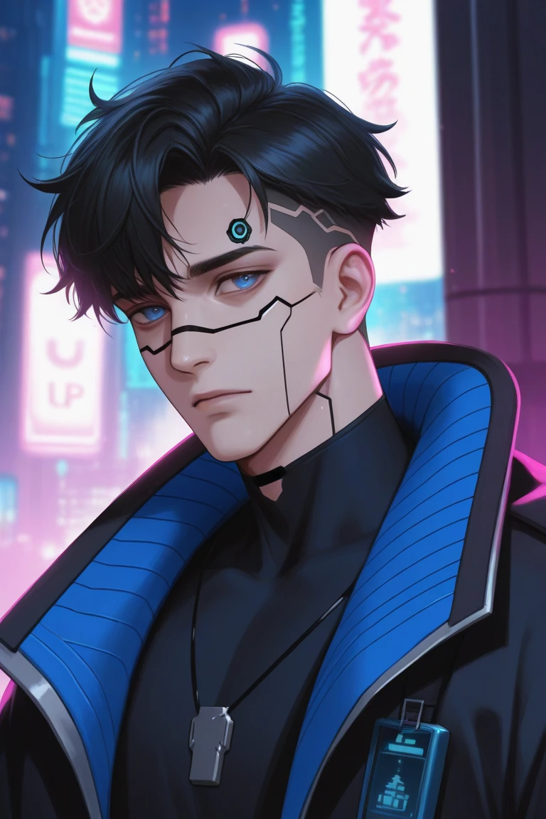 Create a strong and rich character in the cyberpunk universe with male blue eyes, black hair and cybernetic components on his face.