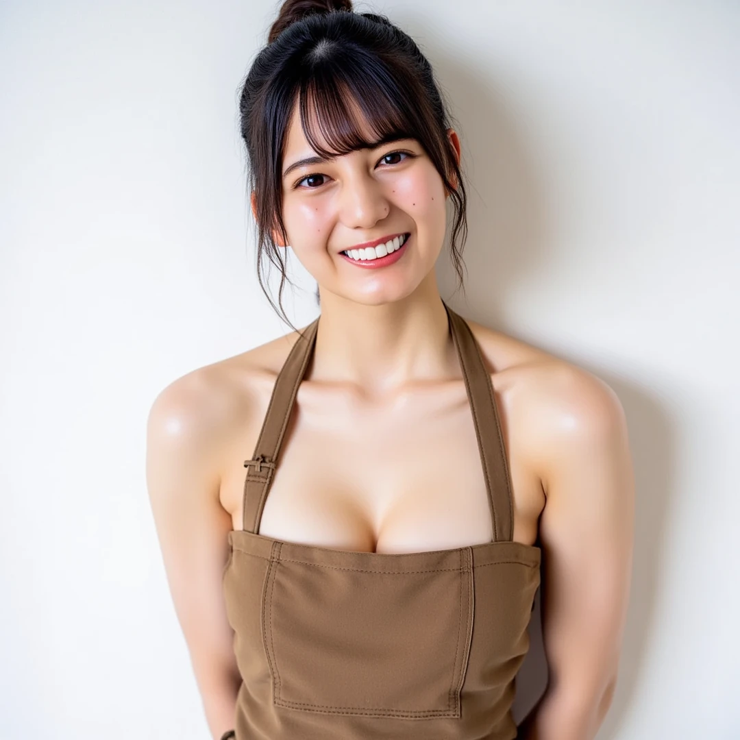 ((( High resolution,top quality, super detailed, Masterpiece , very detailed,realistic,real person,Ultra detailed skin))) ,simple background, from front, medium shot, upper body, looking at viewer , smile, (standing), arms behind back, black hair, medium hair, medium breasts, cleavage, ((naked apron))