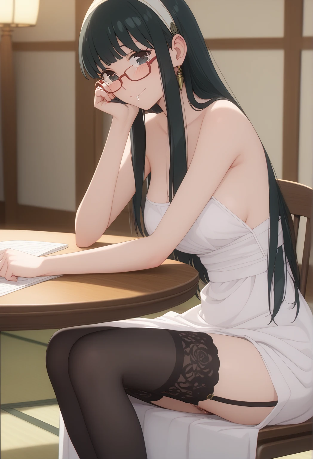 blue hair,,long hair,blue eyes,dress,in the office,sitting on the office chair
