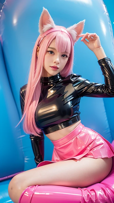female idol、full body Esbian、sheer latex tight mini dress（neon fuchsia）、Colorful hair、