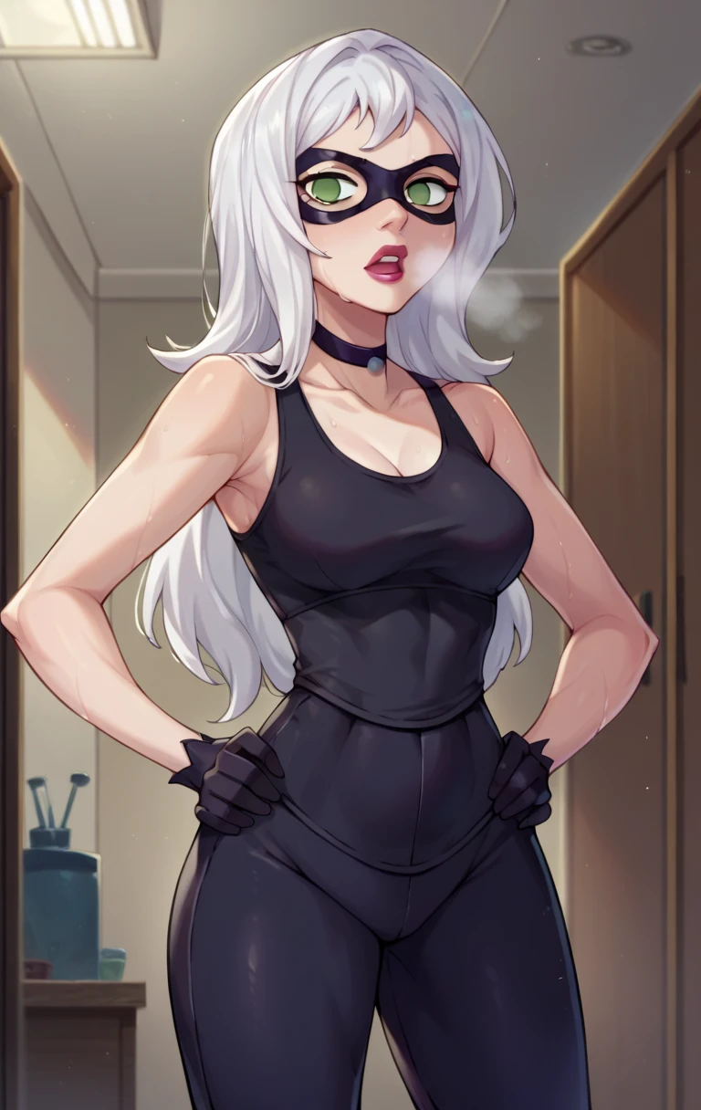 score_9,score_8_up,score_7_up BREAK 1girl,solo,long hair,gloves,green eyes,no pupils,white hair,choker,lipstick,domino mask,cowboy shot,room,room background, hands on hips, out of breath, sweaty, open mouth, black tank top, black tight yoga pants,