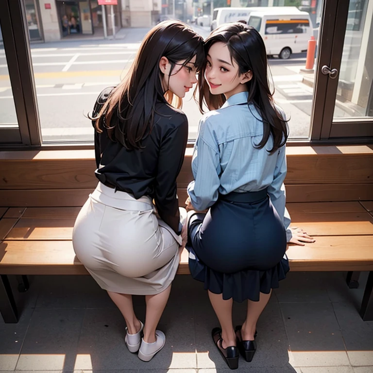 Two Sexy asian women looking at each other, Bent over, black skirt, no panties, hairy pussy and ass, in the streets