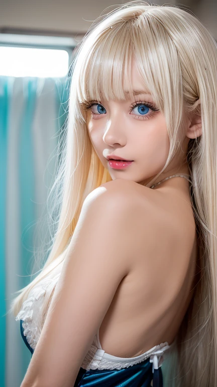 Very white shiny beautiful skin 、 people in the hot water room 、 blonde hair color that changes with light 、 long bangs block view 、 Gloss Highlights on Cheeks 、very beautiful lovely cute gorgeous face、The most beautiful face in the world、 super long super long gorgeous platinum blonde hair、Smooth straight silky hair 、Big Breasts,  extremely bright light blue big eyes that shine 、 beautiful bangs、 beautiful cute girl in sailor suit 、Young face、Round face、Small Face Beauty、