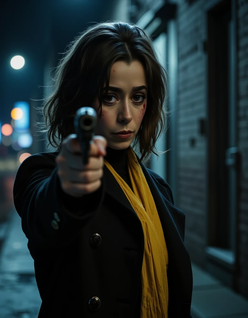 dynamic photo art. Cinema dark comics style. A Full body shot from ground level. stunningly beautiful Cristin Milioti points at the camera with a gun, floating makeup, smudged mascara, crazy facial expression, long light black coat and long yellow scarf. A side wind blows my hair and scarf. Gotham night on the background. Low key lighting, focus on the face. Dramatic cinematic shadows.. 32k DSLR photograph, shot through the professional-grade optics of a Canon lens, resulting in an ultra-realistic, breathtaking masterpiece of unparalleled quality and resolution. ultra fine. ultra-detailed textures, pure perfection. High Resolution, High Quality