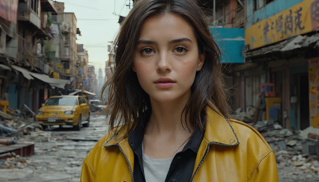 (最 High Quality ,4K,8k, high res,masterpiece:1.2), Ultra Details,( super real ,  Photorealistic , Photorealistic :1.37),  RAW photo,   20 years old.o Close-up portrait of a beautiful girl ,  most beautiful, Alone,  realistic ,  shirt,  jacket,  cyberpunk, Brown Hair, yellow  jacket, The background is a ruined city , ( skin that is meticulous :1.2),  8K ultra HD,  DSLR,  soft lighting,  High Quality ,  film grain,  Fujifilm XT3,   highly detailed background 