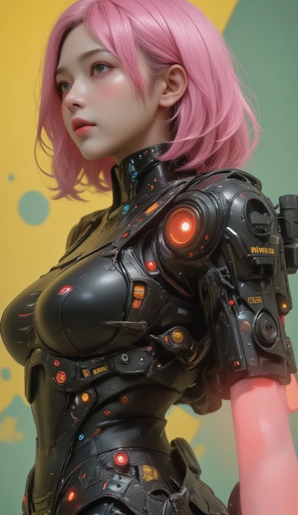  Cute Female Robot , heavy weapons, Glowing Joints and Gaps , 新 super detailed ,  brightly colored ,  highly detailed face and eyes , Complex Mechanical Design,  Photorealistic ,  cinematic lighting,  soft lighting,  chiaroscuro,  cinematic lighting, Fuji Color, 8k, masterpiece, retina, Accurate,  anatomically correct,  textured skin ,  super detailed ,   high detail ,  High Quality ,  Award-winning , 最 High Quality ,  high res, 1080P,  high res, 16k,  SHORT BOB HAIRCUTS ,  medium breasts,  messy hair, Two-tone color with pink and yellow-green、 on all fours、Penthouse、 tightened waist at the Austrian court、Highlights collarbone 