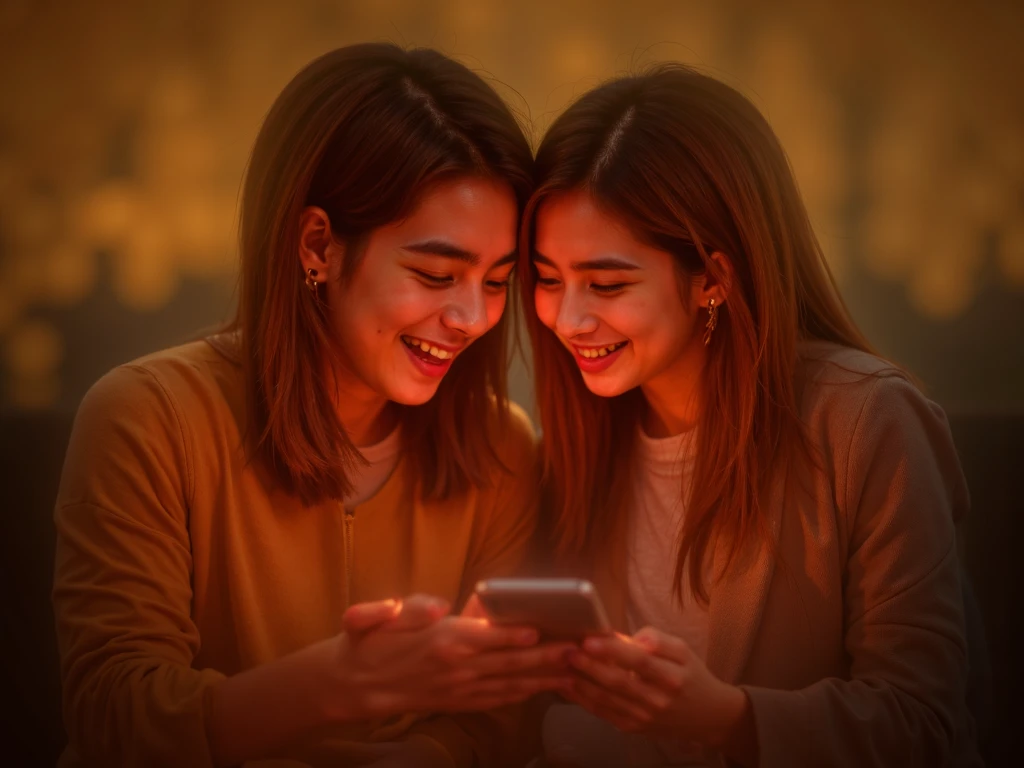 Man and woman having fun looking at smartphones