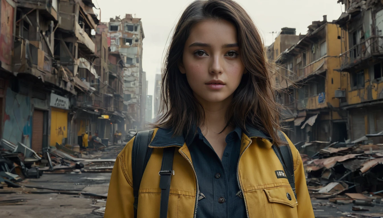 (最 High Quality ,4K,8k, high res,masterpiece:1.2), Ultra Details,( super real ,  Photorealistic , Photorealistic :1.37),  RAW photo,   20 years old.o Close-up portrait of a beautiful girl ,  most beautiful, Alone,  realistic ,  shirt,  jacket,  cyberpunk, Brown Hair, yellow  jacket, The background is a ruined city , ( skin that is meticulous :1.2),  8K ultra HD,  DSLR,  soft lighting,  High Quality ,  film grain,  Fujifilm XT3,   highly detailed background 