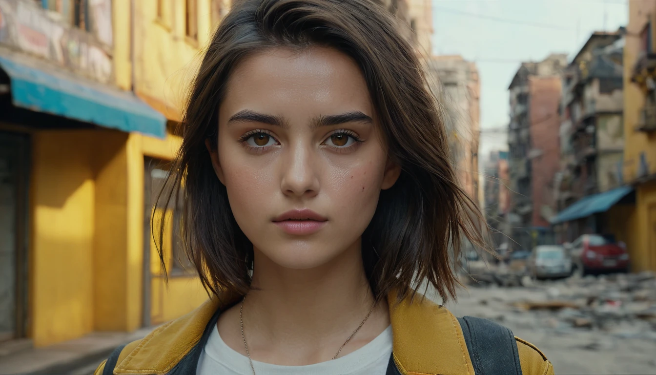 (最 High Quality ,4K,8k, high res,masterpiece:1.2), Ultra Details,( super real ,  Photorealistic , Photorealistic :1.37),  RAW photo,   20 years old.o Close-up portrait of a beautiful girl ,  most beautiful, Alone,  realistic ,  shirt,  jacket,  cyberpunk, Brown Hair, yellow  jacket, The background is a ruined city , ( skin that is meticulous :1.2),  8K ultra HD,  DSLR,  soft lighting,  High Quality ,  film grain,  Fujifilm XT3,   highly detailed background 