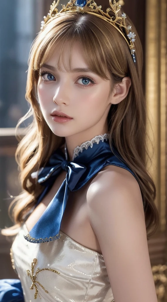 One girl, masterpiece, ((Highest quality:1.4)), 8K, Detailed skin texture, Detailed cloth texture, ((Beautifully detailed face:1.4)), Intricate details, Super detailed, Alice in Wonderland, (A ribbon on her head:1.1), (Upper Body),((Natural big breasts:1.6))