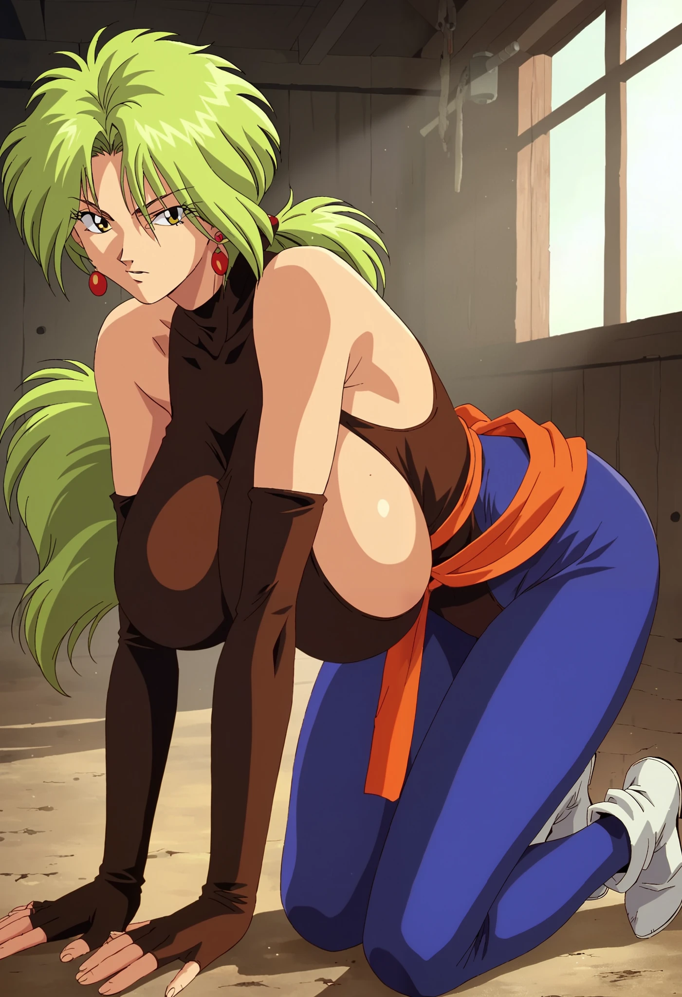 score_9, score_8, score_7, 1girl, solo, BREAK 

yyhkokou, long hair, red earrings, white footwear, light green hair, brown gloves, elbow gloves, brown leotard, (orange sash, green ornament), yellow eyes, 1990s \(style\), retro artstyle, blue legwear, sleeveless, fingerless gloves, low ponytail, black pupils, face focus, leaning forward, kneeling, ultra huge breasts, ultra huge boob, ultra huge tits, ultra huge cleavages, (abandoned hut, abandoned barn, abandoned attic), 
