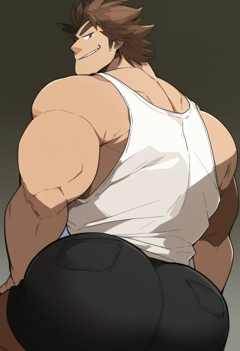 takezamurai, bara, 1boy, male focus, white tanktop, shirt, black shorts, long shoulder length brown hair, smirk, simple background, big butt, looking back, ass focus, ass