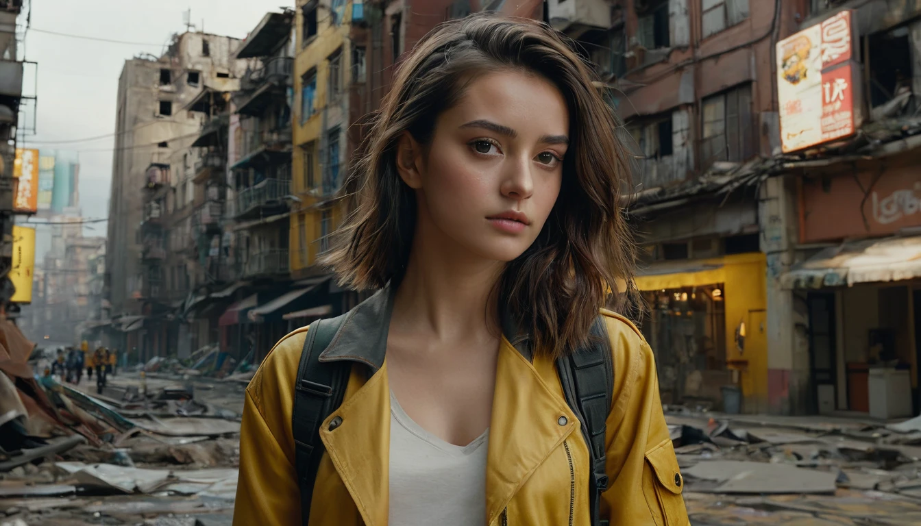 (最 High Quality ,4K,8k, high res,masterpiece:1.2), Ultra Details,( super real ,  Photorealistic , Photorealistic :1.37),  RAW photo,   20 years old.o Close-up portrait of a beautiful girl ,  most beautiful, Alone,  realistic ,  shirt,  jacket,  cyberpunk, Brown Hair, yellow  jacket, The background is a ruined city , ( skin that is meticulous :1.2),  8K ultra HD,  DSLR,  soft lighting,  High Quality ,  film grain,  Fujifilm XT3,   highly detailed background 