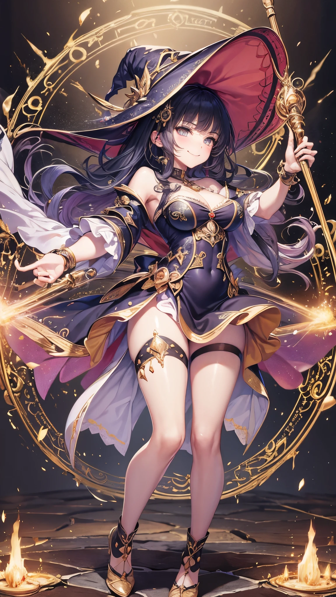 Illustration, UHD, retina, masterpiece, accurate, anatomically correct, super detail, high details, high quality, award winning, best quality, highres, good anatomy, 1080P, HD, 4K, 8k, 16k, 1girl, dynamic pose, androgynous, detailed eyes, detailed clothes, detailed hair, rendering, strands of hair, cute waifu, long black hair, long locks, bangs, chopped bangs, purple eyes, ahgoe, wearing a genshin impact outfit, intricate design, red and black and gold outfit, micro pencil skirt, bare legs, detached puffy sleeves, oversized sleeves, fingerless black gloves,