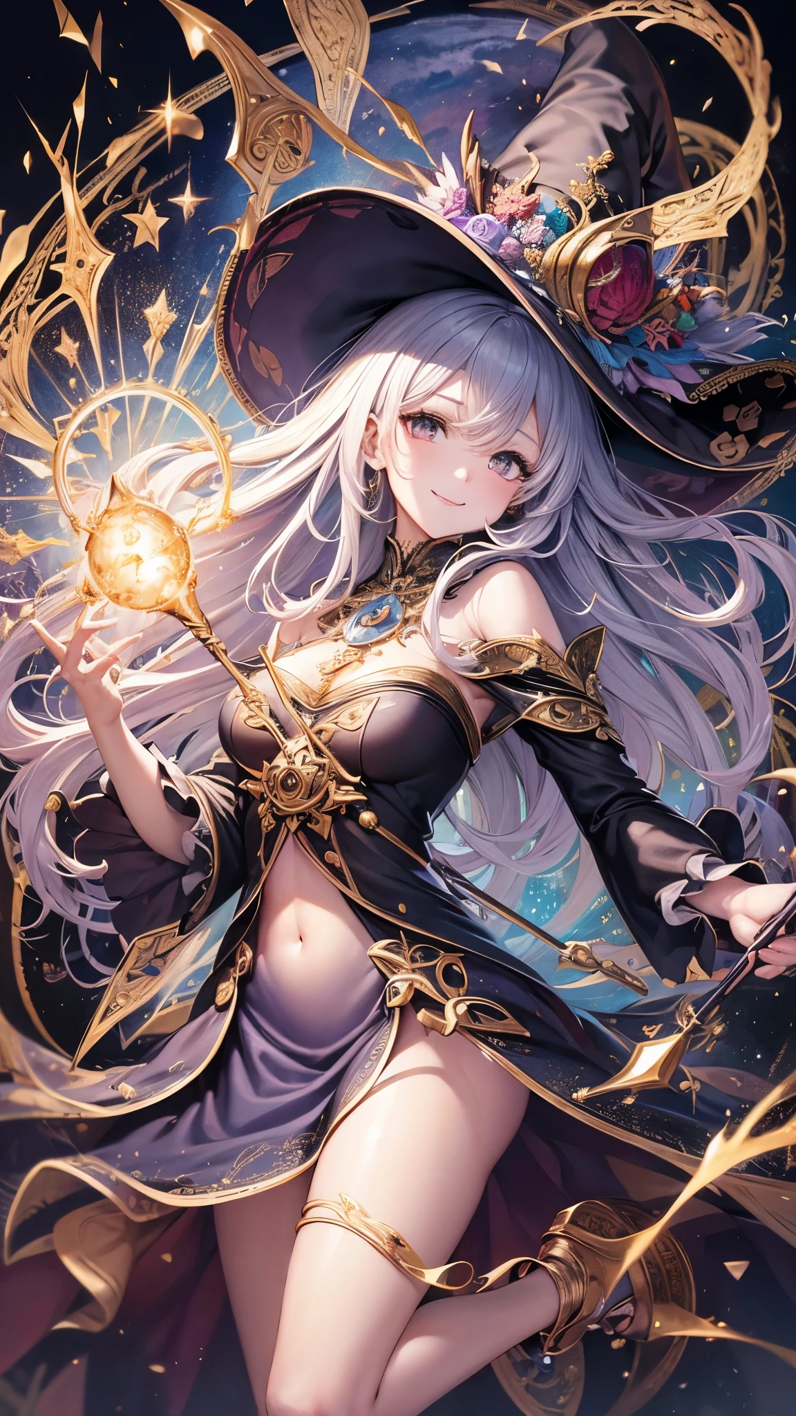 ((highest quality)),(ultra high resolution),(Super detailed),(detailed description),((best CG)),(best work of art),super precision art,great drawing art,(Fantasy art with precise details:1.5), (One Witch:1.6),beautiful and well-shaped face:1.6,make:1.4,long hair flying up:1.5,enchanting witch clothes:1.7,tattoo:1.5,dynamic pose:1.6, Torrent of Light:1.6,intersecting magic circle:1.7,bats flying around:1.6