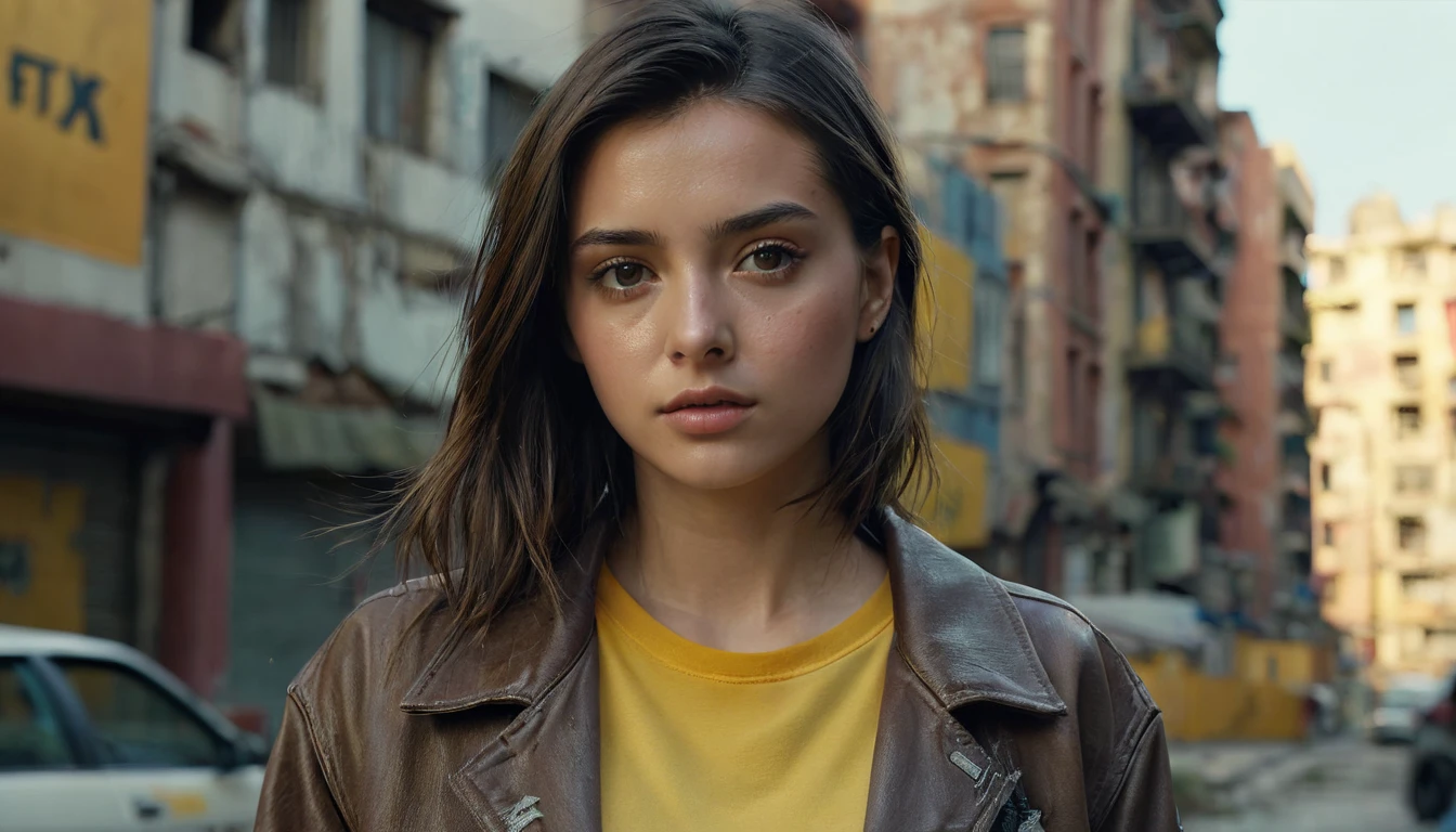 (最 High Quality ,4K,8k, high res,masterpiece:1.2), Ultra Details,( super real ,  Photorealistic , Photorealistic :1.37),  RAW photo,   20 years old.o Close-up portrait of a beautiful girl ,  most beautiful, Alone,  realistic ,  shirt,  jacket,  cyberpunk, Brown Hair, yellow  jacket, The background is a ruined city , ( skin that is meticulous :1.2),  8K ultra HD,  DSLR,  soft lighting,  High Quality ,  film grain,  Fujifilm XT3,   highly detailed background 