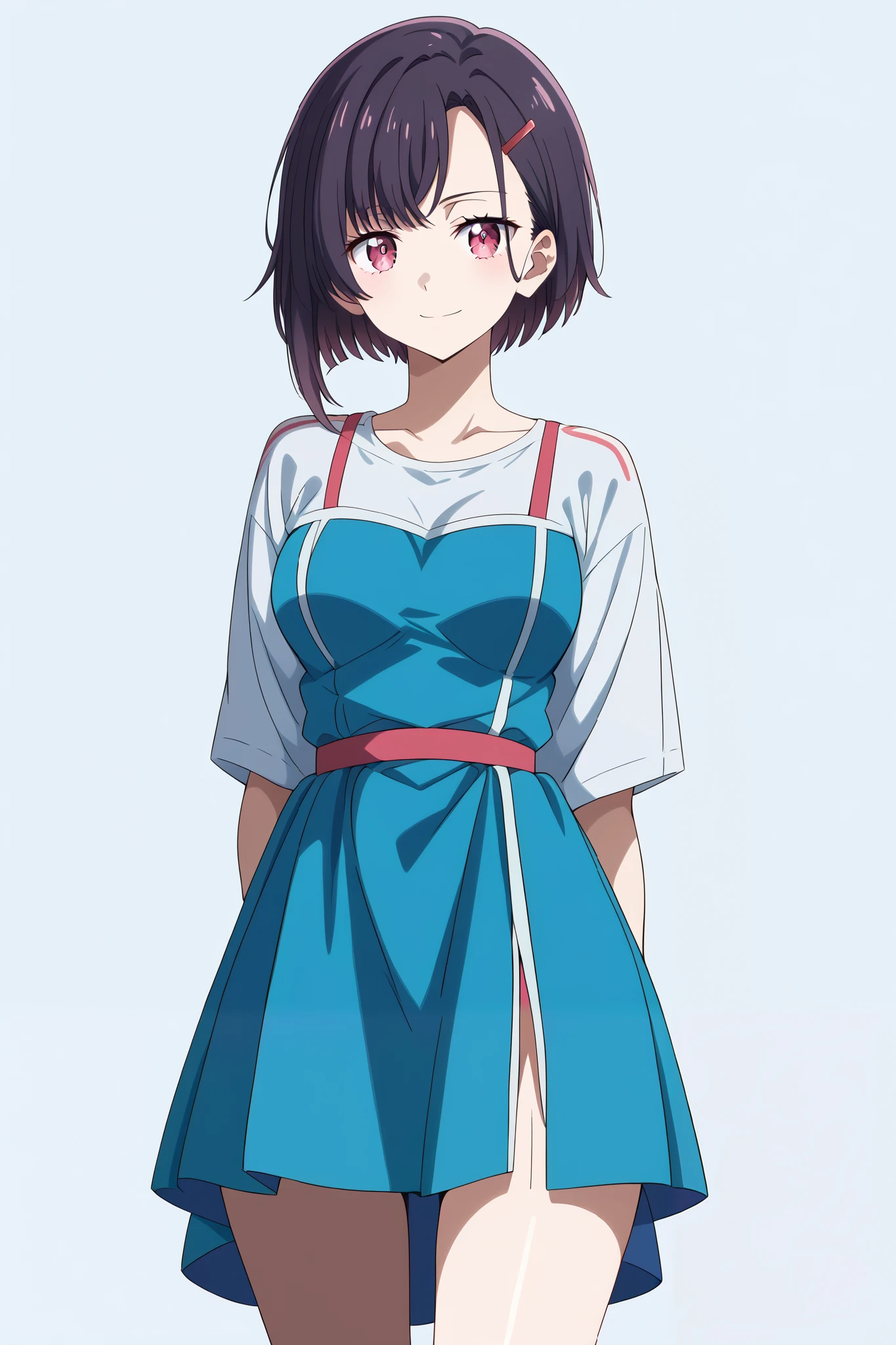 score_9, score_8_up, score_7_up, source_anime, 4K,perfect fingers,(perfect hands, perfect anatomy),prefect lighting, very aesthetic, intricate details,highly detailed background, masterpiece, high quality, best quality,
1girl,solo,shizukamikazuki, shizuka mikazuki, short hair, purple hair, hair ornament, hairclip, pink eyes, swept bangs,
wearing ((white shirt, blue dress, )),
looking at the spectator, cowboy shot, filed, Arms Behind Back, high thigh individual , (large breasts:0.9),Stand up,fullbody,((White plain background:1.5)) ,smile,((front look:1.5)),