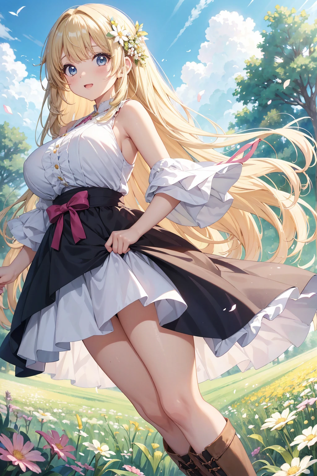 (looking back),Vulgar,low angle,from below, ((panty shot)),(nsfw:1.5), ((lifting skirt)),((white panties focus)), ((1girl, skirt lifted by the wind,showing white panties masterpiece:1.4, best quality)),(Vulgar,nsfw),(skirt lift,very windy),(beautiful elegant white panties),very low angle,from below),((masterpiece, highest resolution,best quality)), (beautiful photo realistic illustration), ((semi long beautiful blonde hair,blunt bangs,pony tail,beautiful eyes)),(solo),(beautiful elegant light blue sexy knit one piece skirt,skirt lifted by the wind),(looking back at the viewer), (walking around the flower park),
(innocent smile, Embarrassed),(white over-kneehighs,Lace chalker, wristband, fingerless gloves, over-kneehighs,
Lace chalker, diamond necklace,wristband, fingerless gloves, earrings), (cinematic lighting, very windy),flower park,big city,busy street,day,blue sky,flowers and trees,crowded,(from the ground),(beautiful elegant Underwear patterns),