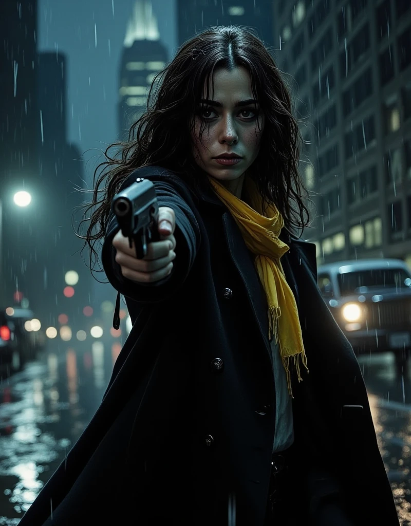 dynamic photo art. Cinema dark comics style. A Full body shot from ground level. stunningly beautiful Cristin Milioti points at the camera with a gun, floating makeup, smudged mascara, crazy facial expression, long light black coat and long yellow scarf. Raindrops. A side wind blows my hair and long scarf.. Gotham night on the background. Low key lighting, focus on the face. Dramatic cinematic shadows.. 32k DSLR photograph, shot through the professional-grade optics of a Canon lens, resulting in an ultra-realistic, breathtaking masterpiece of unparalleled quality and resolution. ultra fine. ultra-detailed textures, pure perfection. High Resolution, High Quality