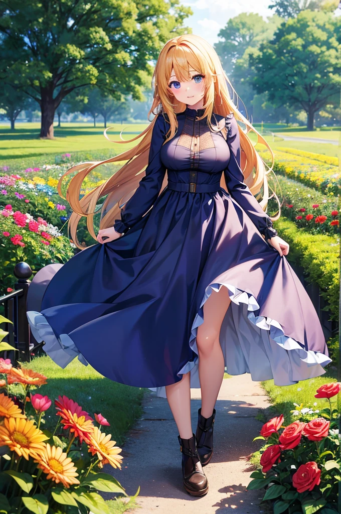 An anime girl in a dress is standing in a field of flowers,   Anime Moe Art Style , high quality  anime art style ,   Long Haired Anime Girl  ,  cute anime waifu is wearing a nice dress,  Cute Girl Anime Visual ,  anime style 4 k,  beautiful anime girl , beautiful  anime style, 美しい anime styleのアート,  anime art style , beautiful anime portrait,  anime style. 8k,

****-faced chubby girl 、she has a narrow waist 、she has big breasts and hips、Gcup breasts、太めのお尻、少し太めの脚、Very long blond hair 、 beautiful hair flutters in the wind、The site is outdoors 、 BEST LIGHTING 、

 very detailed English style dress description、Very neat and beautiful colored dress 、 very expensive design dress 、 wearing brown short boots、フレアスカートにチュール重ねて着ている、

Flower field full of flowers 、The background is a bright European flower garden、I'm innocently excited amidst the colorful flowers、