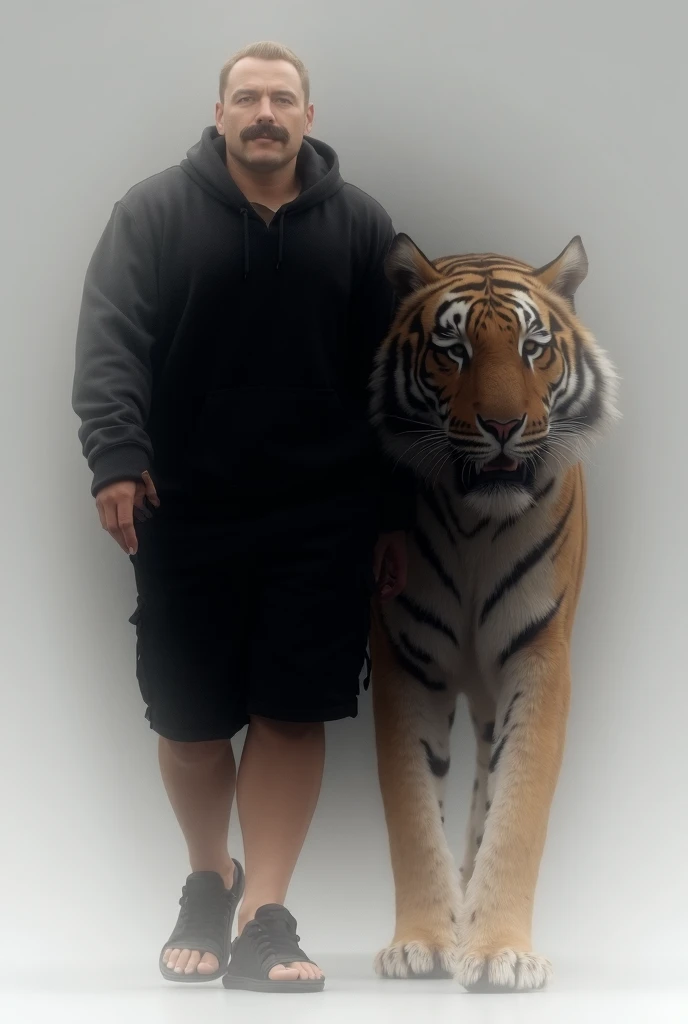 A photo of a 14 year old plus size boy squatting in a tiger mask