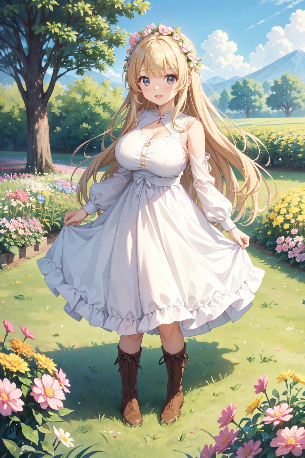 An anime girl in a dress is standing in a field of flowers,   Anime Moe Art Style , high quality  anime art style ,   Long Haired Anime Girl  ,  cute anime waifu is wearing a nice dress,  Cute Girl Anime Visual ,  anime style 4 k,  beautiful anime girl , beautiful  anime style, 美しい anime styleのアート,  anime art style , beautiful anime portrait,  anime style. 8k,

****-faced chubby girl 、she has a narrow waist 、she has big breasts and hips、Gcup breasts、太めのお尻、少し太めの脚、Very long blond hair 、 beautiful hair flutters in the wind、The site is outdoors 、 BEST LIGHTING 、

 very detailed English style dress description、Very neat and beautiful colored dress 、 very expensive design dress 、 wearing brown short boots、フレアスカートにチュール重ねて着ている、

Flower field full of flowers 、The background is a bright European flower garden、I'm innocently excited amidst the colorful flowers、