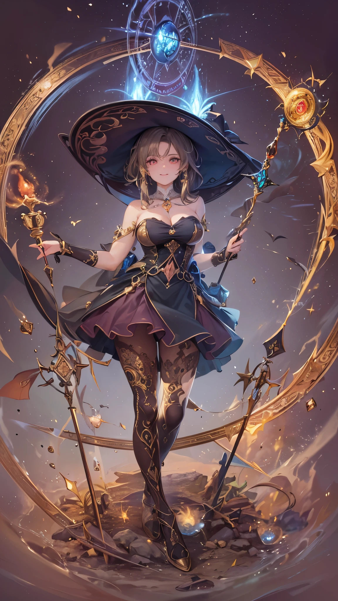 masterpiece, best quality, detailed, 1girl, solo, fantasy, night sky, outdoors, magic, spells, moon, stars, clouds, wind, hair, cape, hat, boots, glowing, playful, skill, witch, magical, fantasy, perspective, fire spell, blue eyes, blonde,
