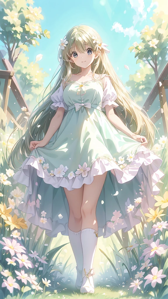 An anime girl in a dress is standing in a field of flowers,   Anime Moe Art Style , high quality  anime art style ,   Long Haired Anime Girl  ,  cute anime waifu is wearing a nice dress,  Cute Girl Anime Visual ,  anime style 4 k,  beautiful anime girl , beautiful  anime style, 美しい anime styleのアート,  anime art style , beautiful anime portrait,  anime style. 8k,

-faced chubby girl 、she has a narrow waist 、she has big breasts and hips、Gcup breasts、太めのお尻、少し太めの脚、Very long blond hair 、 beautiful hair flutters in the wind、The site is outdoors 、 BEST LIGHTING 、

 very detailed English style dress description、Very neat and beautiful colored dress 、 very expensive design dress 、 wearing brown short boots、フレアスカートにチュール重ねて着ている、

Flower field full of flowers 、The background is a bright European flower garden、I'm innocently excited amidst the colorful flowers、