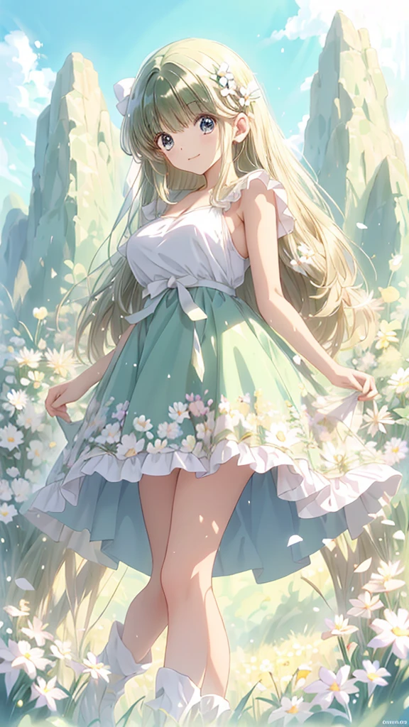 An anime girl in a dress is standing in a field of flowers,   Anime Moe Art Style , high quality  anime art style ,   Long Haired Anime Girl  ,  cute anime waifu is wearing a nice dress,  Cute Girl Anime Visual ,  anime style 4 k,  beautiful anime girl , beautiful  anime style, 美しい anime styleのアート,  anime art style , beautiful anime portrait,  anime style. 8k,

****-faced chubby girl 、she has a narrow waist 、she has big breasts and hips、Gcup breasts、太めのお尻、少し太めの脚、Very long blond hair 、 beautiful hair flutters in the wind、The site is outdoors 、 BEST LIGHTING 、

 very detailed English style dress description、Very neat and beautiful colored dress 、 very expensive design dress 、 wearing brown short boots、フレアスカートにチュール重ねて着ている、

Flower field full of flowers 、The background is a bright European flower garden、I'm innocently excited amidst the colorful flowers、