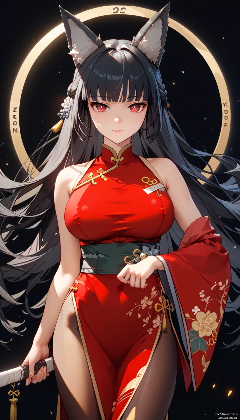 girl, blue and green eyes, corpulent, full lips, long bluish black hair, black wolf ears and nine tails, black white and red shoulder-to-shoulder yukata kimono.