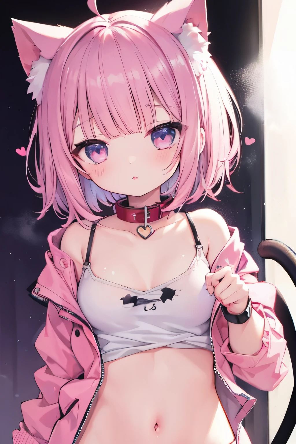 White hair. Short hair. Inner pink hair. Anime girl. Pink eyes. Glowing eyes. Nekomimi. Smilling wink. Tanktop. Small breast. Hairpin. Cleavage.