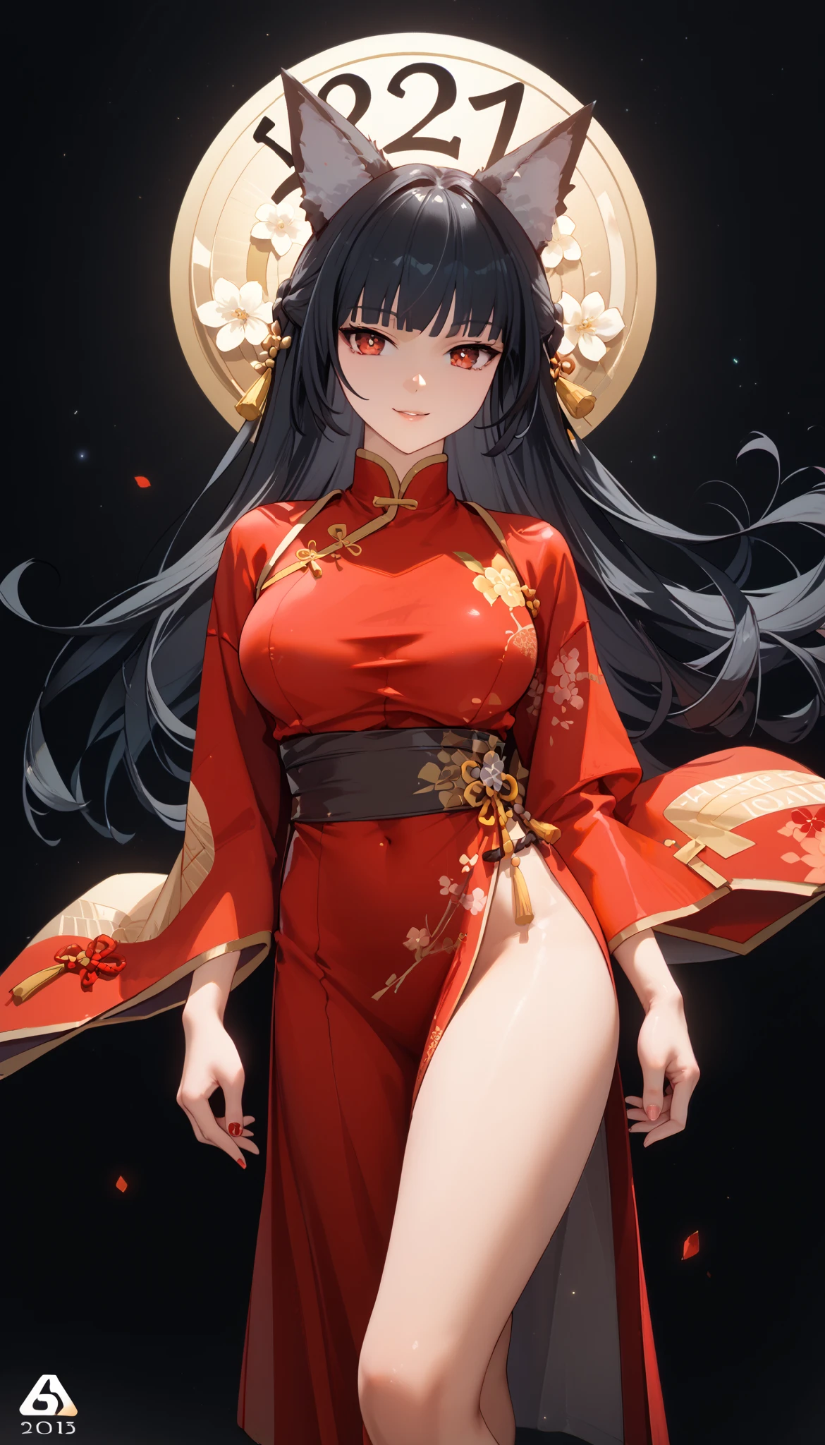 masterpiece, high-resolution ,Anime Art,Anime Numbers, 4k anime wallpaper,Soft Light, radiant skin, unique ,An anime girl,Standing, red cheongsam,Happy New Year, long black hair, Wolf Ears , red eyes ,chest,thigh, black background