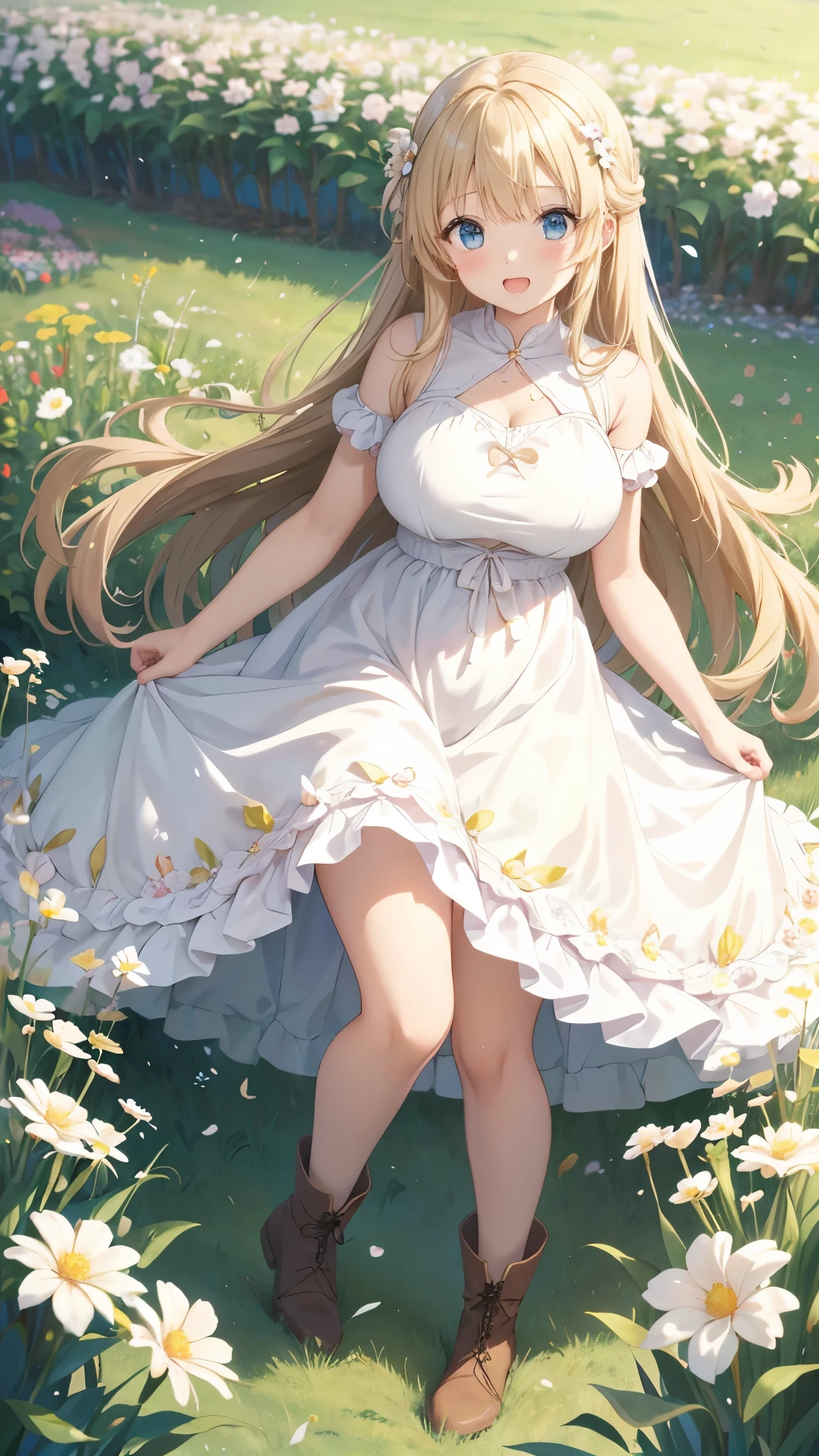 An anime girl in a dress is standing in a field of flowers,   Anime Moe Art Style , high quality  anime art style ,   Long Haired Anime Girl  ,  cute anime waifu is wearing a nice dress,  Cute Girl Anime Visual ,  anime style 4 k,  beautiful anime girl , beautiful  anime style, 美しい anime styleのアート,  anime art style , beautiful anime portrait,  anime style. 8k,

****-faced chubby girl 、she has a narrow waist 、she has big breasts and hips、Gcup breasts、太めのお尻、少し太めの脚、Very long blond hair 、 beautiful hair flutters in the wind、The site is outdoors 、 BEST LIGHTING 、

 very detailed English style dress description、Very neat and beautiful colored dress 、 very expensive design dress 、 wearing brown short boots、フレアスカートにチュール重ねて着ている、

Flower field full of flowers 、The background is a bright European flower garden、I'm innocently excited amidst the colorful flowers、