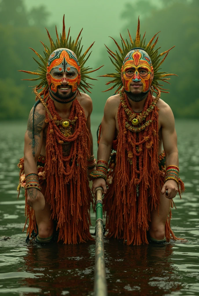 Photograph of two tanned young men with loincloth in the jungle. One is holding the other from behind, kissing him on his neck. Wearing primitive necklace, bracelet, armbands, leg bands. Wearing a flower garland crown, short wavy hair, pubic hair, (whole body), 25 years old, realistic, realistic skin, pores, birth marks, dslr, 8k,