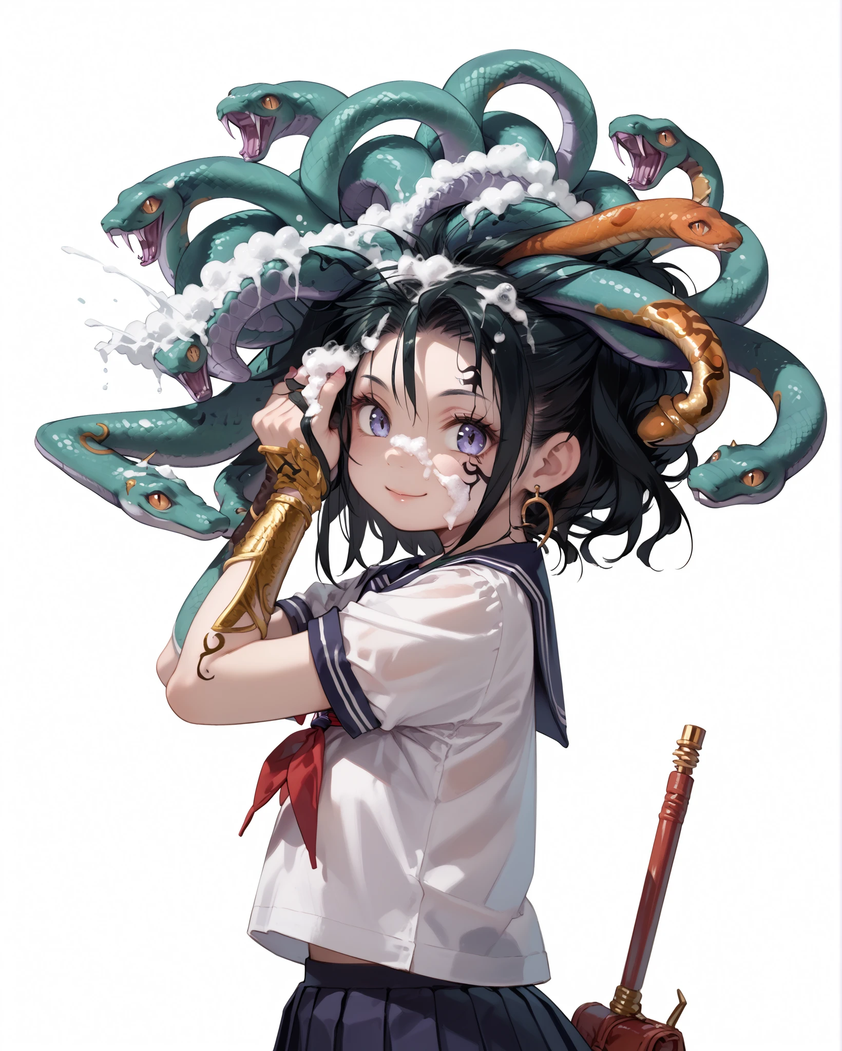 Japanese anime style illustration, kawaii,, 
Medusa_KI, snake hair,  white form on head, jewelry, cute girl smiling, Junior high school girl, sailor school uniform, short sleeves, white clothing,head of hair all numerous snakes, from side, looking back at viewer, washing head with shampoo foam, spread fingers, hands on snake-hair, finger in snake-hair, (large amount of foam in head of hair, snakes covered in foam, snakes with pained face) ,portrait, simple Background,
