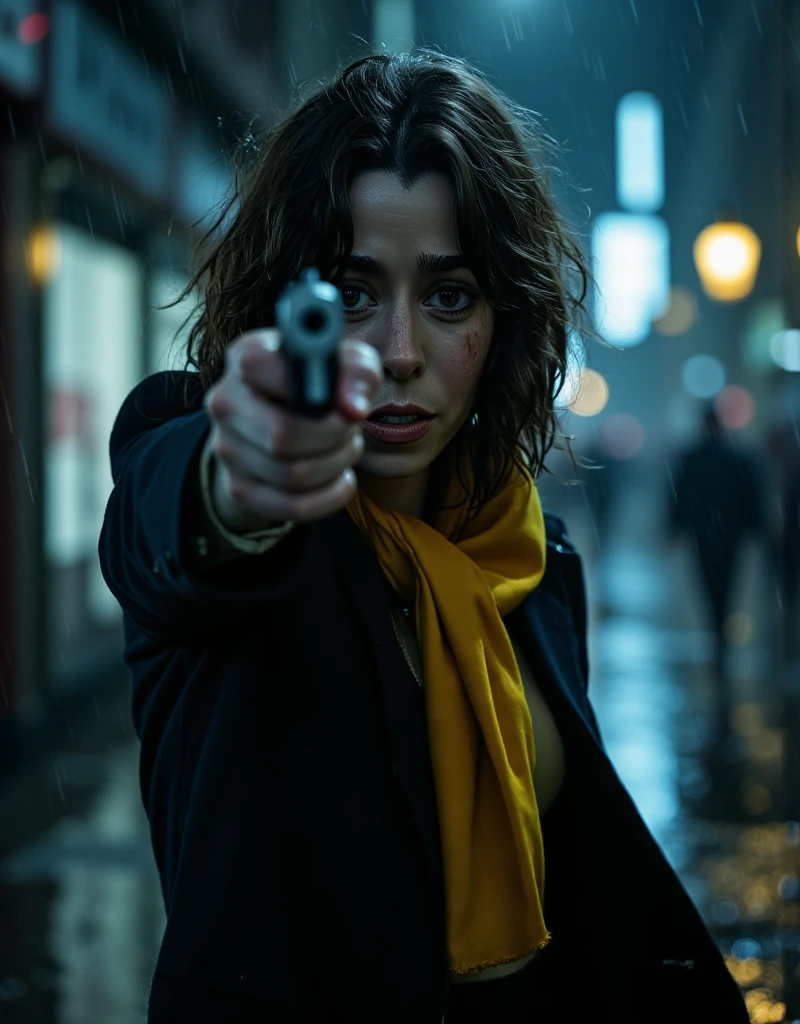 dynamic photo art. Cinema dark comics style. A Full body shot from ground level. stunningly beautiful Cristin Milioti points at the camera with a gun, floating makeup, smudged mascara, crazy facial expression, long light black coat and long yellow scarf. Raindrops. A side wind blows my hair and long scarf.. Gotham night on the background. Low key lighting, focus on the face. Dramatic cinematic shadows.. 32k DSLR photograph, shot through the professional-grade optics of a Canon lens, resulting in an ultra-realistic, breathtaking masterpiece of unparalleled quality and resolution. ultra fine. ultra-detailed textures, pure perfection. High Resolution, High Quality